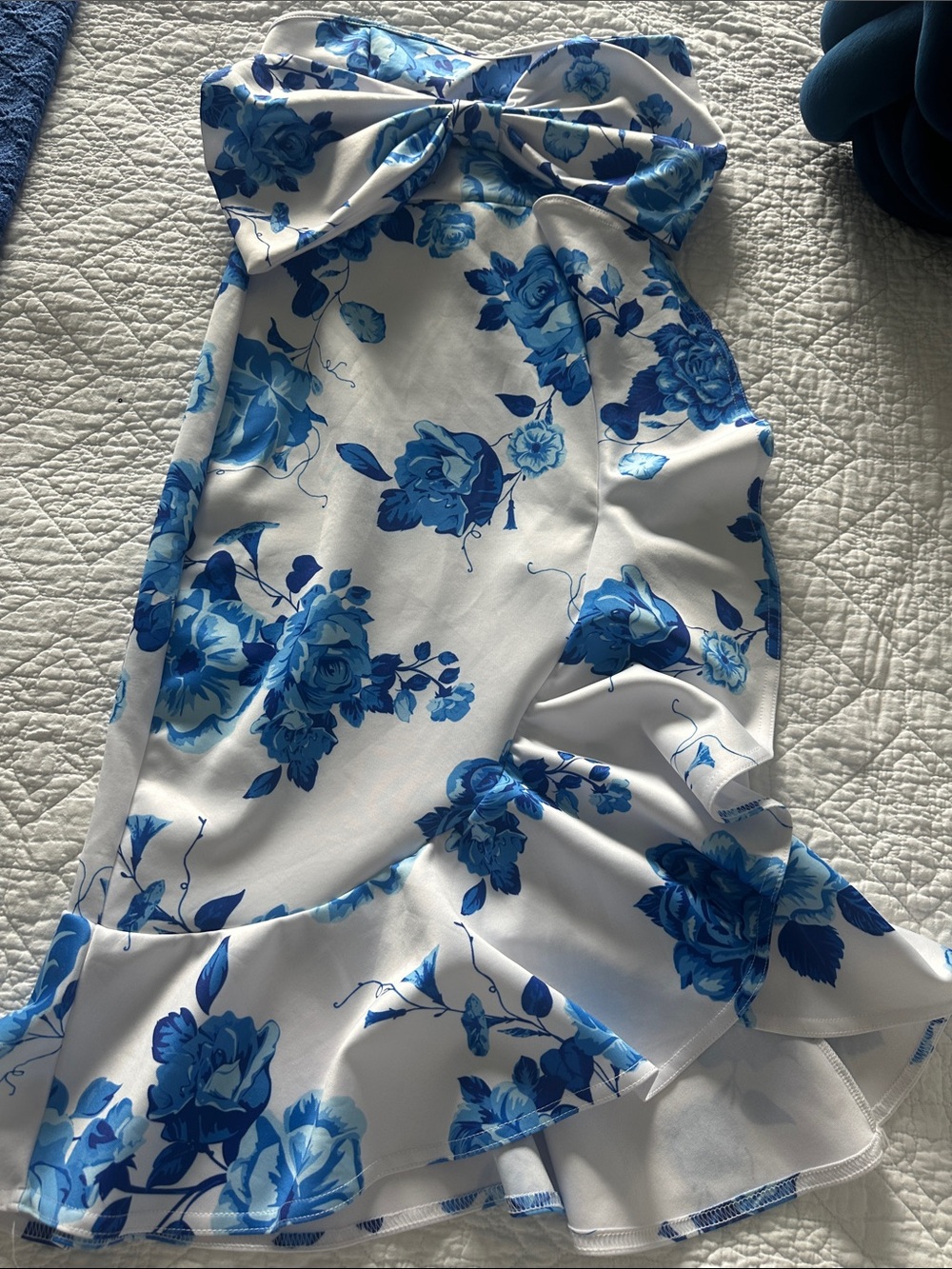 Boohoo White Strapless Dress with Blue Floral Print
